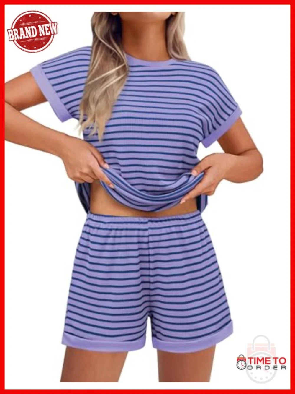 Waffle Knit 2 Piece Lounge Set - Striped T Shirt and Shorts Matching Set